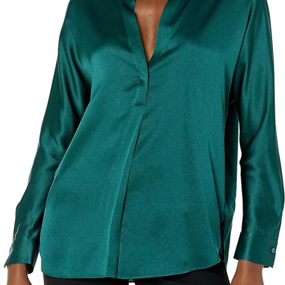 Vince Silk Satin Band Collar Blouse Small in Deep Kelp